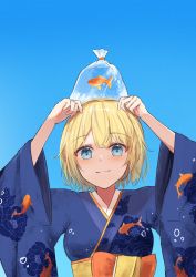 Rule 34 | 1girl, animal print, arms up, bag, bagged fish, blonde hair, blue background, blue eyes, blue kimono, blush, closed mouth, commentary, english commentary, fish, fish print, floral print, highres, hololive, hololive english, japanese clothes, kimono, long sleeves, looking at viewer, obi, official alternate costume, print kimono, sash, short hair, shuuzo3, simple background, solo, virtual youtuber, watson amelia, watson amelia (new year), wide sleeves