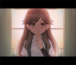Rule 34 | 1girl, arashio (kancolle), backlighting, brown eyes, brown hair, finger to mouth, highres, index finger raised, kantai collection, letterboxed, long hair, looking at viewer, mizoki kei, shirt, short sleeves, smile, solo, suspenders, upper body, white shirt, window