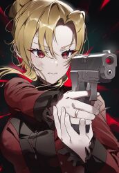 Rule 34 | 1girl, absurdres, aiming, angelica rapha redgrave, black shirt, blonde hair, breasts, closed mouth, commentary, commission, english commentary, finger on trigger, gun, handgun, highres, holding, holding gun, holding weapon, jacket, jewelry, large breasts, long hair, long sleeves, otome game sekai wa mob ni kibishii sekai desu, pixiv commission, red eyes, red jacket, red pupils, ring, shedar, shirt, solo, upper body, weapon