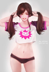 Rule 34 | 1girl, animal print, ap xn, arms up, artist name, black panties, brown eyes, brown hair, casual, crop top, d.va (overwatch), dated, facial mark, grey background, holding hands, long hair, looking at viewer, navel, overwatch, overwatch 1, panties, rabbit print, raglan sleeves, shirt, short sleeves, simple background, solo, standing, stomach, straight hair, swept bangs, twintails, underwear, whisker markings, white shirt