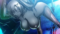 Rule 34 | 1girl, breasts, demon girl, dutch angle, closed eyes, food, game cg, hanging breasts, horns, huge breasts, indoors, inverted nipples, kyonyuu majo, nipples, nude, petrification, solo, statue, stone, demon girl, tail, tenma yuria, thighhighs