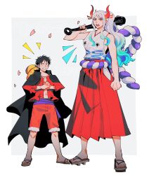 Rule 34 | 1boy, 1girl, absurdres, black cape, black hair, blue hair, cape, clenched hand, clenched teeth, club, club (weapon), collared cape, commentary, earrings, english commentary, falling petals, full body, hair ornament, hakama, hat, highres, holding, holding weapon, horns, japanese clothes, jewelry, kanabou, kimono, looking to the side, monkey d. luffy, multicolored hair, one piece, open clothes, open shirt, oratoza, petals, ponytail, purple sash, red hakama, red horns, red shirt, red shorts, rope, sash, scar, scar on face, shimenawa, shirt, shorts, sidelocks, simple background, slippers, straw hat, teeth, weapon, white hair, yamato (one piece)