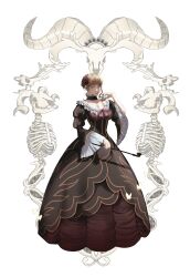 Rule 34 | 1girl, absurdres, animal skeleton, animal skull, beatrice (umineko), black choker, blonde hair, blue eyes, bow, bowtie, breasts, brown dress, choker, cleavage, colored eyelashes, commentary request, dress, flower, frilled choker, frilled dress, frilled sleeves, frills, full body, gown, hair flower, hair ornament, hand in own hair, hand up, highres, holding, holding smoking pipe, korean commentary, looking at viewer, parted lips, pink bow, pink bowtie, puffy sleeves, red flower, red rose, rose, short hair, sidelocks, simple background, smile, smoking pipe, solo, standing, tachi-e, umineko no naku koro ni, wefightasone 1, white background, wide sleeves