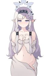 Rule 34 | 1girl, absurdres, blue archive, blush, breasts, closed mouth, collarbone, covering privates, covering breasts, cowboy shot, flower, greyscale, hair flower, hair ornament, hair tubes, hairband, halo, highres, himari (blue archive), hrna, long hair, long sleeves, looking at viewer, medium breasts, mole, mole under eye, monochrome, navel, pointy ears, purple eyes, simple background, solo, white background