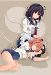 Rule 34 | 10s, 2girls, ahoge, black hair, breasts, closed eyes, hand on another&#039;s head, highres, i-58 (kancolle), kantai collection, lap pillow, large breasts, long hair, motherly, multiple girls, neko ame, pink hair, red eyes, school swimsuit, short hair, sitting, sleeping, sleeping on person, smile, submarine, swimsuit, swimsuit under clothes, taigei (kancolle), watercraft