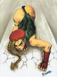 Rule 34 | all fours, angry, ass, beret, blonde hair, blue eyes, boots, braid, cammy white, capcom, fingerless gloves, from above, gloves, hat, highres, leotard, looking at viewer, looking up, scar, street fighter, tsukasa jun, twintails
