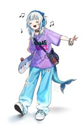 Rule 34 | 1girl, alternate costume, animal bag, bag, bloop (gawr gura), blue hair, bracelet, denim, eighth note, fins, fish tail, full body, gawr gura, headphones, highres, holding, holding skateboard, hololive, hololive english, jeans, jewelry, music, musical note, objectification, open mouth, pants, purple shirt, quarter note, shark bag, shark print, shark tail, shirt, shoes, shoulder bag, simple background, singing, skateboard, solo, tail, tenchi mayo, torn clothes, torn jeans, torn pants, virtual youtuber, white background, white hair