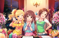 Rule 34 | 10s, 3girls, :d, ;d, alternate hairstyle, artist request, belt, blunt bangs, blush, bow, bracelet, breasts, brown eyes, brown hair, camera, collarbone, curly hair, curtains, flower, girl sandwich, hair bow, idolmaster, idolmaster cinderella girls, idolmaster cinderella girls starlight stage, jewelry, kawashima mizuki, long hair, looking at viewer, multiple girls, necklace, night, night sky, official art, ogata chieri, ohtsuki yui, one eye closed, open mouth, ponytail, sandwiched, sky, smile, tree, twintails, v, window