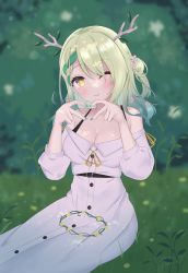 Rule 34 | 1girl, antlers, belt, black belt, braid, breasts, ceres fauna, ceres fauna (artist), cleavage, dress, flower, flower wreath, green background, green hair, green nails, hair flower, hair ornament, heart, heart hands, highres, hololive, hololive english, horns, large breasts, looking at viewer, mole, mole under eye, nail polish, one eye closed, sitting, virtual youtuber, white dress, wink