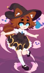Rule 34 | 1girl, animal ear fluff, animal ears, black dress, black footwear, blue eyes, blush, brown hair, dithered background, dress, fang, frilled dress, frills, full body, ghost, hat, looking at viewer, minimilieu, open mouth, original, outstretched arms, pixel art, purple background, raccoon tail, short sleeves, smile, socks, standing, standing on one leg, star-shaped pupils, star (symbol), symbol-shaped pupils, tail, thick eyebrows, tongue, tongue out, two-tone background, white socks, witch, witch hat