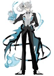 Rule 34 | 1girl, arias the labrynth butler, blue eyes, butler, demon girl, demon horns, demon wings, duel monster, female butler, full body, gloves, grey hair, highres, horns, long hair, looking at viewer, monocle, pointy ears, toba (toba game), twintails, white background, white hair, white horns, wings, yu-gi-oh!