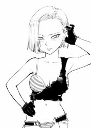Rule 34 | 1girl, android 18, belt, black gloves, blouse, blush, bra, breasts, dragon ball, dragonball z, gloves, greyscale, hand on own hip, looking at viewer, medium hair, monochrome, navel, open mouth, panties, shirt, simple background, smile, solo, striped bra, striped clothes, striped panties, torn clothes, torn shirt, ueyama michirou, underwear, white background