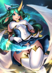 Rule 34 | 1girl, absurdres, animal ears, aqua eyes, armlet, bad id, bad pixiv id, breasts, cian yo, clothes lift, covered navel, dress, dress lift, glint, gloves, green hair, highres, horns, league of legends, long hair, low wings, medium breasts, panties, short dress, single horn, solo, soraka (league of legends), star guardian (league of legends), star guardian soraka, swept bangs, thighhighs, underwear, upskirt, white gloves, white thighhighs, white wings, wings
