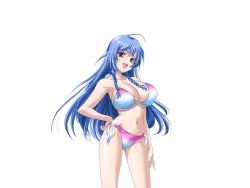 Rule 34 | 1girl, bikini, blue hair, braid, breasts, cleavage, game cg, hand on own hip, happy, huge breasts, legs, long hair, looking at viewer, mainichi shabutte ii desu ka?, mochizuki nozomu, navel, open mouth, red eyes, simple background, smile, solo, standing, swimsuit, thighs, twin braids, white background, yamada momoko