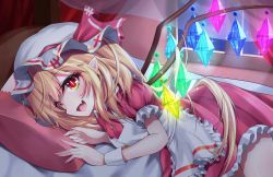 Rule 34 | 1girl, :d, alternate costume, apron, blonde hair, breasts, cowboy shot, crystal, dress, fang, flandre scarlet, frilled apron, frilled dress, frills, hat, hat ribbon, highres, indoors, lying, medium hair, mob cap, on bed, on side, open mouth, pillow, pointy ears, print apron, print headwear, puffy short sleeves, puffy sleeves, rainbow order, red dress, red eyes, red ribbon, ribbon, s vileblood, short sleeves, side ponytail, skin fang, small breasts, smile, solo, touhou, white apron, white hat, window, wings