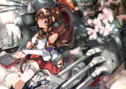 Rule 34 | 10s, 1girl, brown eyes, brown hair, cherry blossoms, detached sleeves, holding, kantai collection, long hair, machinery, oil-paper umbrella, petals, pleated skirt, ponytail, sitting, skirt, smile, solo, tree shade, tsuuhan, turret, umbrella, yamato (kancolle)