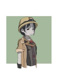 Rule 34 | 1girl, black eyes, black gloves, black hair, black shirt, brown jacket, closed mouth, commentary request, gloves, green background, hat, highres, jacket, looking at viewer, made in abyss, multicolored hair, open clothes, open jacket, ozen, servomotorr, shirt, short hair, short sleeves, simple background, smile, solo, two-tone hair, upper body, whistle, white hair, aged down
