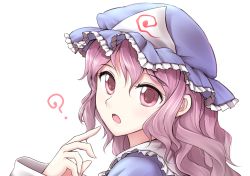 Rule 34 | 1girl, ?, bad id, bad twitter id, hat, long sleeves, looking at viewer, minust, mob cap, open mouth, pink eyes, pink hair, saigyouji yuyuko, simple background, solo, touhou, triangular headpiece, upper body, white background
