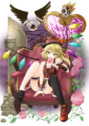 Rule 34 | 1girl, alternate costume, armchair, bad id, bad pixiv id, black thighhighs, blonde hair, candy, chair, contemporary, embodiment of scarlet devil, feet, female focus, flandre scarlet, flower, food, fujishima shinnosuke, hat, lollipop, rose, shoes, short hair, side ponytail, single shoe, sitting, skull, sock dangle, solo, thighhighs, thighhighs pull, throne, top hat, touhou, wings
