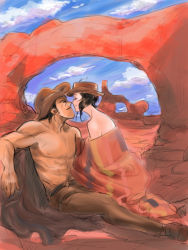 Rule 34 | 1980s (style), 1boy, 1girl, bare shoulders, bean bandit, bed sheet, black hair, couple, cowboy hat, dark skin, closed eyes, grand canyon, gunsmith cats, hat, hetero, kiss, kissing nose, manly, naked sheet, oldschool, outdoors, rally vincent, retro artstyle, riding bean, topless male, short hair, takokichi