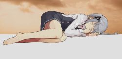 Rule 34 | 1girl, barefoot, closed eyes, feet, grey hair, highres, kantai collection, kasumi (kancolle), long hair, lying, on side, parted lips, side ponytail, sleeping, toes