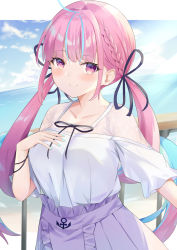 Rule 34 | 1girl, ahoge, anchor symbol, beach, black ribbon, blue hair, blue nails, blue sky, blush, braid, breasts, closed mouth, cloud, collarbone, colored inner hair, commentary request, day, dutch angle, french braid, hair ribbon, hand on own chest, high-waist skirt, highres, hololive, horizon, large breasts, long hair, looking at viewer, minato aqua, multicolored hair, nail polish, ocean, outdoors, pink eyes, pink hair, pleated skirt, purple skirt, railing, ribbon, shirt, sidelocks, sisoha, skirt, sky, smile, solo, standing, streaked hair, sunlight, twintails, two-tone hair, very long hair, virtual youtuber, white shirt