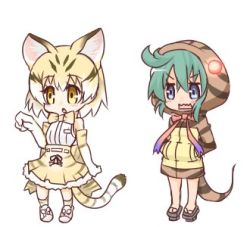Rule 34 | 10s, 2girls, animal ears, bare shoulders, blonde hair, blue eyes, blush, cat ears, cat girl, cat tail, commentary request, elbow gloves, full body, geta, gloves, green hair, hair between eyes, hands in pockets, hono, hood, hood up, hoodie, kemono friends, lowres, multicolored hair, multiple girls, neck ribbon, open mouth, parted lips, pink ribbon, pleated skirt, print gloves, ribbon, sand cat (kemono friends), sand cat print, shirt, short hair, simple background, skirt, sleeveless, sleeveless shirt, snake tail, standing, striped clothes, striped hoodie, striped tail, tail, tsuchinoko (kemono friends), wavy mouth, white background, white gloves, white hair, white shirt, yellow eyes, yellow skirt