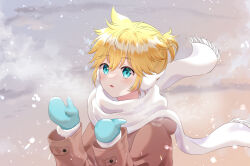Rule 34 | 1boy, absurdres, blonde hair, blue eyes, blush, breath, coat, highres, kagamine len, male focus, mittems, open mouth, ponytail, rooibos, scarf, snowflakes, snowing, solo, upper body, vocaloid