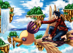 Rule 34 | 1boy, billy (one piece), bird, black hair, flying, hat, male focus, monkey d. luffy, necktie, ocean, one piece, one piece: strong world, outdoors, pointing, red shirt, riding, sandals, scar, shirt, smile, solo, straw hat, water, waterfall