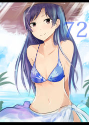 Rule 34 | 1girl, 72, arms behind back, bare shoulders, beach, bikini, blue bikini, blue hair, breasts, brown eyes, cleavage, collarbone, day, flat chest, flower print, gradient background, happy, hat, idolmaster, idolmaster (classic), kisaragi chihaya, legs, legs together, long hair, looking at viewer, midriff, namco, nature, navel, neck, nerotarou, ocean, outdoors, sarong, sky, smile, solo, summer, sun hat, swimsuit, thighs