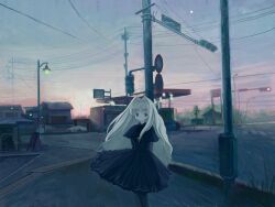 Rule 34 | 1girl, arms behind back, black dress, black pantyhose, blonde hair, building, capelet, car, dawn, dress, expressionless, gas station, gradient sky, hair intakes, highres, kibishiihiekomi, lamppost, long hair, motor vehicle, original, outdoors, pantyhose, power lines, road, scenery, sky, solo, standing, traffic light, utility pole, very long hair