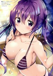 Rule 34 | 1girl, blurry, blurry background, blush, breasts, cleavage, collarbone, embarrassed, gochuumon wa usagi desu ka?, hair between eyes, hair ornament, hairclip, highres, kurou (quadruple zero), large breasts, lens flare, long hair, looking at viewer, miniskirt, purple eyes, purple hair, purple skirt, shiny skin, sideboob, skirt, solo, standing, striped clothes, striped skirt, tedeza rize, twintails, very long hair