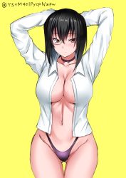 Rule 34 | 1girl, absurdres, ameno shigure, arms behind head, arms up, bad id, bad pixiv id, black choker, black eyes, black hair, black panties, blush, bow choker, breasts, choker, closed mouth, commentary, cowboy shot, girls und panzer, gluteal fold, grey-framed eyewear, groin, highleg, highleg panties, highres, kawashima momo, large breasts, light frown, looking at viewer, monocle, navel, no bra, no pants, one-hour drawing challenge, open clothes, open shirt, panties, semi-rimless eyewear, shirt, short hair, simple background, solo, standing, thigh gap, thighs, twitter username, under-rim eyewear, underwear, white shirt, yellow background