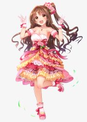 Rule 34 | 10s, 1girl, :d, breasts, brown eyes, brown hair, choker, cleavage, detached sleeves, double v, dress, full body, half updo, highres, idolmaster, idolmaster cinderella girls, idolmaster cinderella girls starlight stage, jewelry, long hair, necklace, one side up, open mouth, pink dress, puffy short sleeves, puffy sleeves, shimamura uzuki, short sleeves, simple background, smile, solo, u rin, v, white background