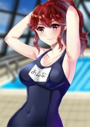 Rule 34 | 1girl, alternate costume, anna (fire emblem), armpits, arms behind head, arms up, blue one-piece swimsuit, blurry, blurry background, blush, breasts, closed mouth, collarbone, commentary request, covered navel, fire emblem, hair between eyes, indoors, large breasts, long hair, looking at viewer, nintendo, one-piece swimsuit, ponytail, pool, red eyes, red hair, rei no pool, school swimsuit, sideboob, sidelocks, smile, solo, swimsuit, tara (szzj7733), upper body