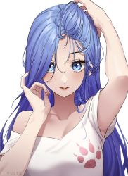 Rule 34 | 1girl, armpit peek, blue eyes, blue hair, blush, borrowed character, breasts, character request, cleavage, collarbone, expulse, eyebrows hidden by hair, fingernails, hair over one eye, hand in own hair, lips, long hair, looking at viewer, bae minah (chaesu), nail polish, off-shoulder shirt, off shoulder, original, parted lips, paw print, red nails, shirt, simple background, small breasts, solo, upper body, white background, white shirt