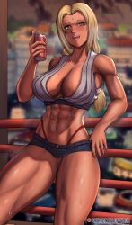 Rule 34 | 1girl, abs, absurdres, blonde hair, breasts, cleavage, dark skin, fluffydus, highres, large breasts, midriff, muscular, muscular female, naruto (series), open mouth, smile, solo, sweat, tsunade (naruto)