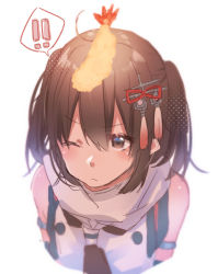Rule 34 | !, !!, 1girl, blush, brown eyes, brown hair, closed mouth, commentary request, food, food on head, hair between eyes, hair ornament, kantai collection, medium hair, object on head, one eye closed, rinto (rint rnt), scarf, sendai (kancolle), sendai kai ni (kancolle), shrimp, shrimp tempura, simple background, sleeveless, solo, spoken exclamation mark, tempura, two side up, upper body, white background, white scarf