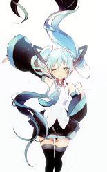 Rule 34 | 1girl, ;d, aqua necktie, arm up, bare shoulders, black skirt, black thighhighs, blue eyes, blue hair, blush, collar, collared shirt, detached sleeves, floating, floating hair, hat, hatsune miku, headgear, long hair, long sleeves, looking at viewer, lpip, matching hair/eyes, necktie, one eye closed, open mouth, shirt, simple background, skirt, smile, solo, starry sky print, thigh gap, thighhighs, tsurime, twintails, very long hair, vocaloid, white background, zettai ryouiki