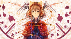 Rule 34 | 1girl, abstract background, animal ear headphones, animal ears, bow, brown eyes, brown hair, cable, capelet, cat ear headphones, cat ears, cloak, cross-laced clothes, expressionless, fake animal ears, hair between eyes, hair bow, headgear, headphones, highres, jewelry, long sleeves, necklace, orange bow, orb, original, parted lips, sakimori, sakimori (hououbds), shawl, short hair, simple background, swept bangs, upper body
