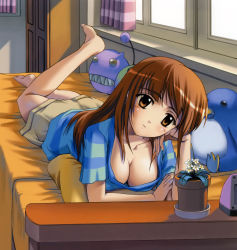 Rule 34 | 1girl, barefoot, bed, breasts, brown eyes, brown hair, cleavage, downblouse, flower, highres, horie daikichi, large breasts, long hair, non-web source, plant, scan, solo, stuffed animal, stuffed toy