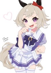 Rule 34 | 1girl, absurdres, animal ears, artist name, breasts, curren chan (umamusume), grey hair, hairband, heart, highres, horse ears, horse girl, horse tail, looking at viewer, open mouth, paw pose, puffy short sleeves, puffy sleeves, purple shirt, sailor collar, school uniform, shirt, short hair, short sleeves, simple background, skirt, small breasts, smile, solo, tail, teeth, thighhighs, tongue, tongue out, tracen school uniform, umamusume, white background, white skirt, white thighhighs, zetsuyo chimayo