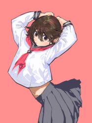 Rule 34 | 1girl, absurdres, arms up, black sailor collar, black skirt, blush, brown hair, bukimi isan, closed mouth, from side, hair between eyes, hands on own head, highres, leaning forward, long sleeves, looking at viewer, momijiyama teru, navel, neckerchief, pink background, pleated skirt, red neckerchief, sailor collar, shirt, shy (series), skirt, white shirt