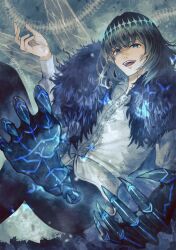 Rule 34 | 1boy, arthropod boy, black hair, blue eyes, breasts, cape, collared shirt, crossed legs, crown, diamond hairband, dragonfly wings, fate/grand order, fate (series), fur-trimmed cape, fur trim, highres, insect wings, long sleeves, looking at viewer, male focus, medium hair, oberon (fate), oberon (third ascension) (fate), shirt, sitting, smile, solo, white shirt, wings, yaguremaru