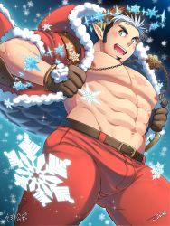 Rule 34 | 1boy, abs, bara, beard, blush, brown hair, bulge, cowboy shot, facial hair, gloves, goatee, highres, ice, impossible clothes, large pectorals, long sideburns, looking at viewer, male focus, manly, multicolored hair, muscular, pectorals, pointy ears, santa costume, sideburns, smile, snow, snowflakes, solo, sparkle, sparkling eyes, tepen (tptptpn), tokyo houkago summoners, tomte (housamo), two-tone hair, upper body, white hair