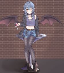 Rule 34 | 1girl, alternate costume, bat wings, belt, black footwear, blue shorts, brick wall, closed mouth, commentary request, cup, drinking glass, fishnets, full body, grey hair, holding, holding cup, kanaria (bocmn), long sleeves, medium hair, navel piercing, piercing, pointy ears, red eyes, remilia scarlet, shorts, solo, tank top, touhou, wings
