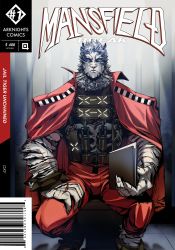 Rule 34 | 1boy, absurdres, arknights, barcode, blue eyes, book, cape, cover, fake cover, furry, furry male, highres, holding, holding book, male focus, mountain (arknights), official alternate costume, oxy (ho2), pants, red cape, red pants, sitting, solo