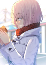 Rule 34 | 1girl, black-framed eyewear, blurry, blush, coat, depth of field, duffel coat, fate/grand order, fate (series), hands up, highres, holding, light purple hair, mash kyrielight, mash kyrielight (fgo x lawson), official alternate costume, open mouth, outdoors, pink hair, plaid, plaid scarf, profile, purple eyes, red scarf, scarf, shiime, short hair, solo, upper body
