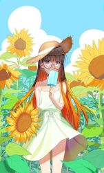 Rule 34 | dress, field, flower, flower field, glasses, hat, one-piece dress, orange hair, persona, persona 5, sakura futaba, white dress