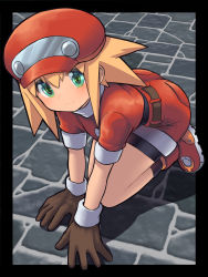 Rule 34 | 1girl, all fours, belt, bike shorts, blonde hair, blush, breasts, brown gloves, cabbie hat, from above, gloves, green eyes, hair between eyes, hat, highres, looking at viewer, m.m, mega man (series), mega man legends (series), pavement, red hat, red shorts, roll caskett (mega man), short sleeves, shorts, smile, solo